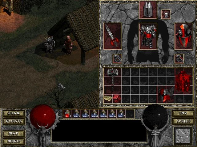 Скріншот з моду Diablo: The Hell 1, що показує екран інвентаря персонажа та сцену в селі з двома персонажами біля дерев'яної споруди.