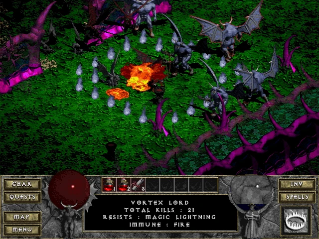 У моді Diablo: The Hell 1 гравець бореться з Вортекс Лордом, оточеним демонічними істотами. Інтерфейс показує опори та імунітети.