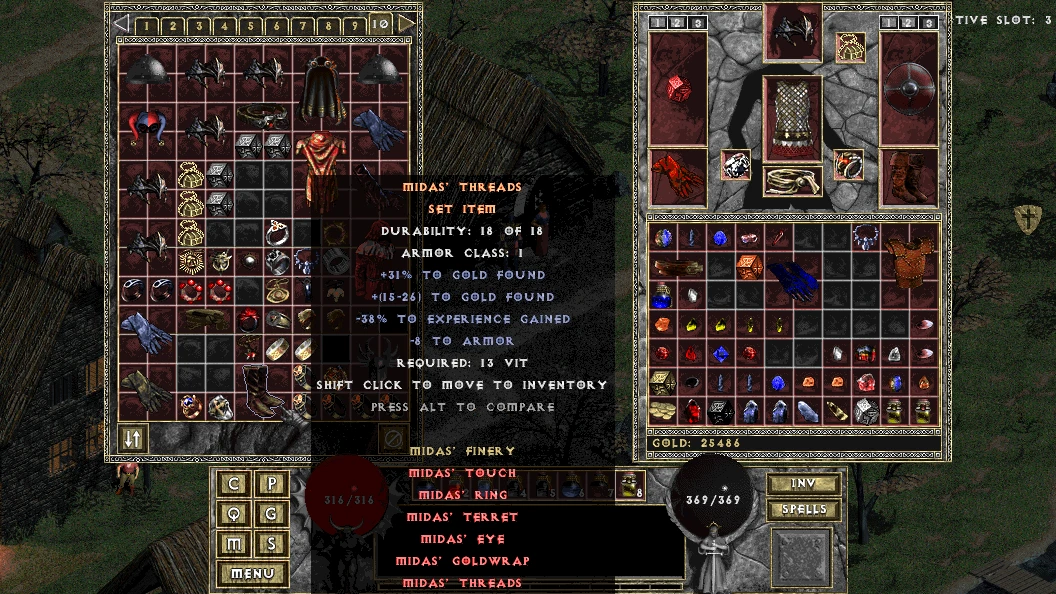 Pantalla de inventario del mod Diablo: The Hell 2 que muestra el conjunto de objetos Midas' Threads con estadísticas y bonificaciones. El inventario del jugador está lleno de varios objetos y oro.