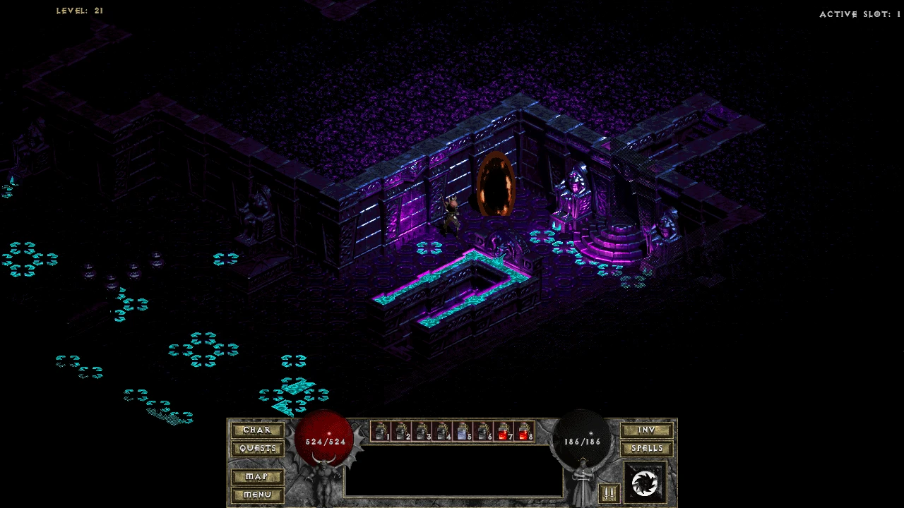 Una sala oscura y tenebrosa en el mod Diablo: The Hell 2, con un portal brillante y decoraciones místicas. El personaje del jugador está cerca del portal, rodeado de un entorno tenuemente iluminado.