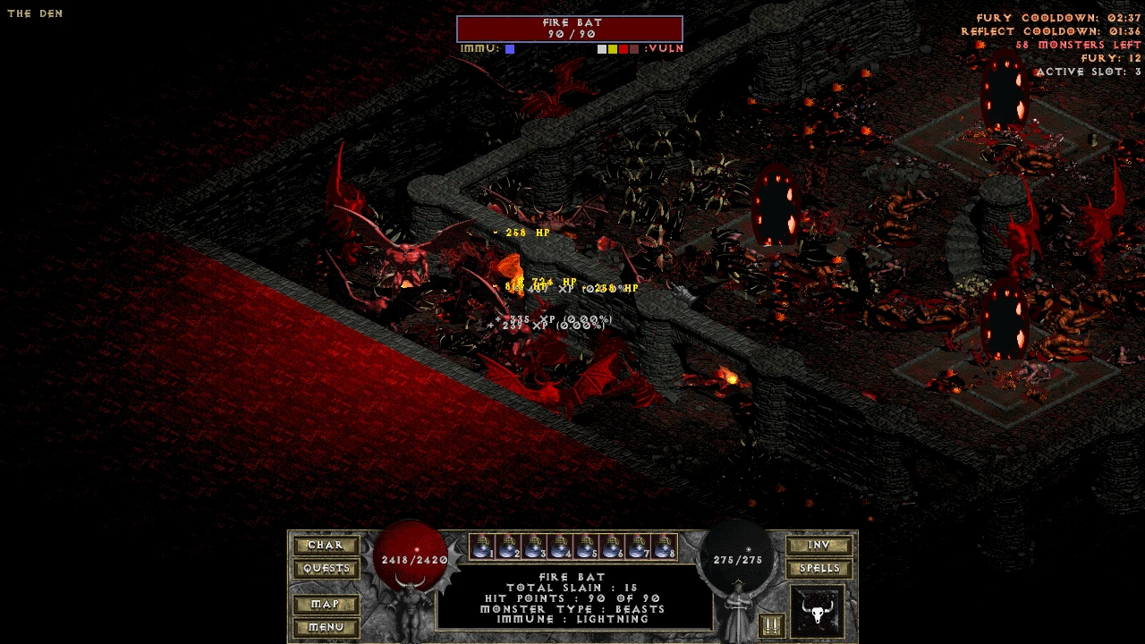 Escena de batalla caótica en el mod Diablo: The Hell 2, con un personaje luchando contra murciélagos de fuego y otras criaturas en una mazmorra oscura. La interfaz muestra salud y estadísticas.