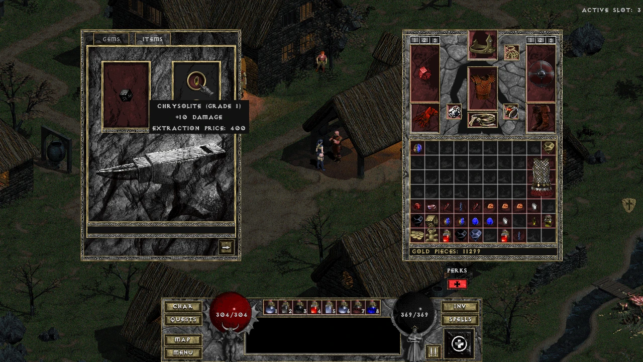 Captura de pantalla del mod Diablo: The Hell 2 mostrando la interfaz de inventario con una gema crisólita resaltada, que proporciona +10 de daño y su precio de extracción.