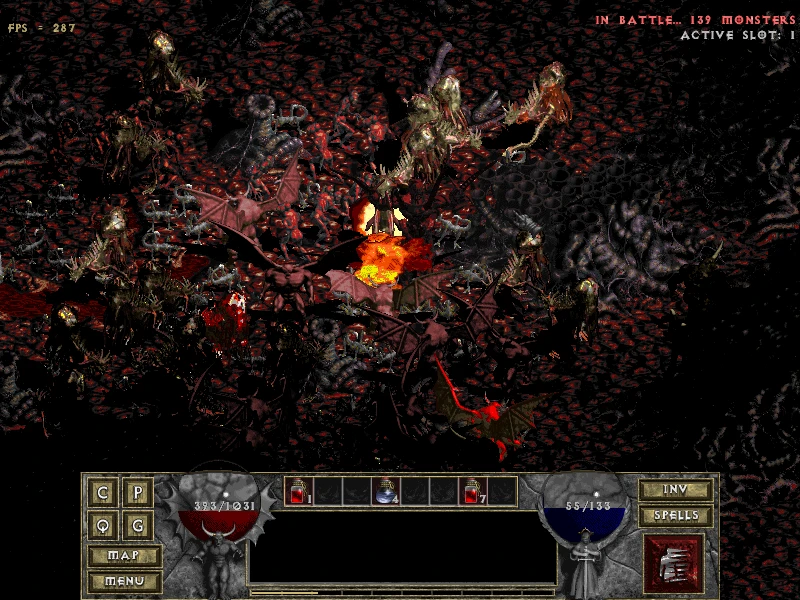 Escena de batalla caótica del mod Diablo: The Hell 2, mostrando numerosos monstruos y un personaje jugador rodeado de un terreno oscuro y ardiente. La interfaz muestra barras de salud y maná.