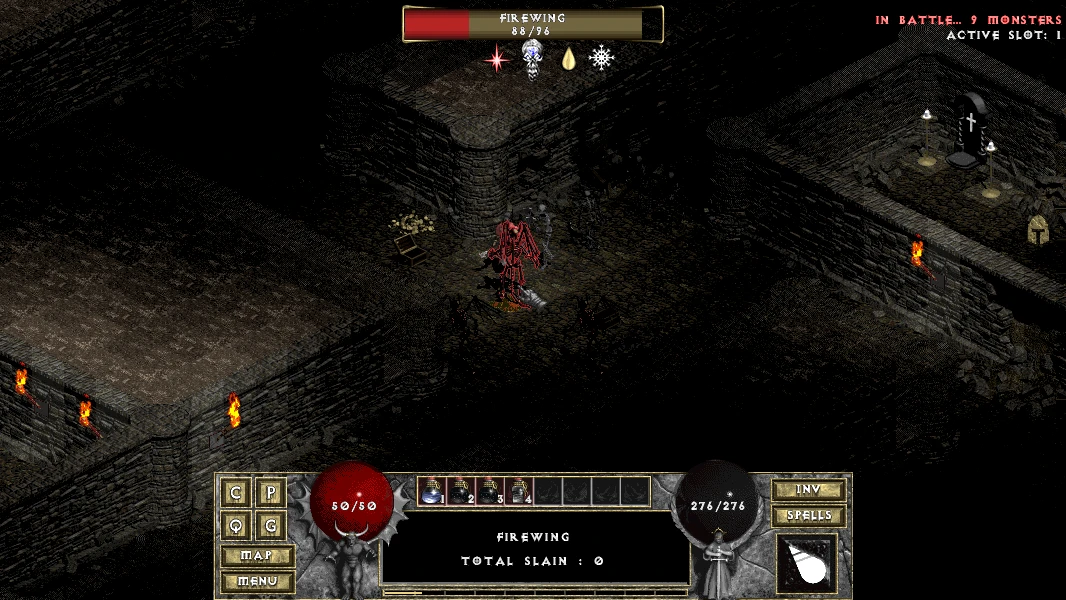 Captura de pantalla del mod Diablo: The Hell 2 mostrando a un jugador luchando contra Firewing en una mazmorra oscura. Se ven las barras de salud y maná, junto con el inventario y opciones de hechizos
