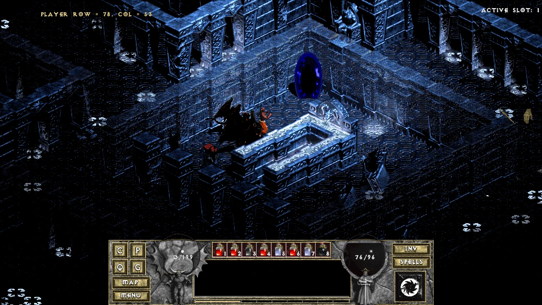 Jugabilidad de Diablo: The Hell 2 (mod para Diablo 1996): un héroe está junto a un portal oscuro brillante en una mazmorra azul helada con arquitectura gótica