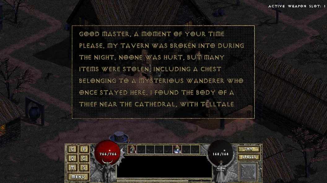 En el mod Diablo: The Hell 3, un cuadro de diálogo revela un robo en la taberna con objetos robados, estableciendo el escenario para una misión. La interfaz muestra orbes de salud y maná.
