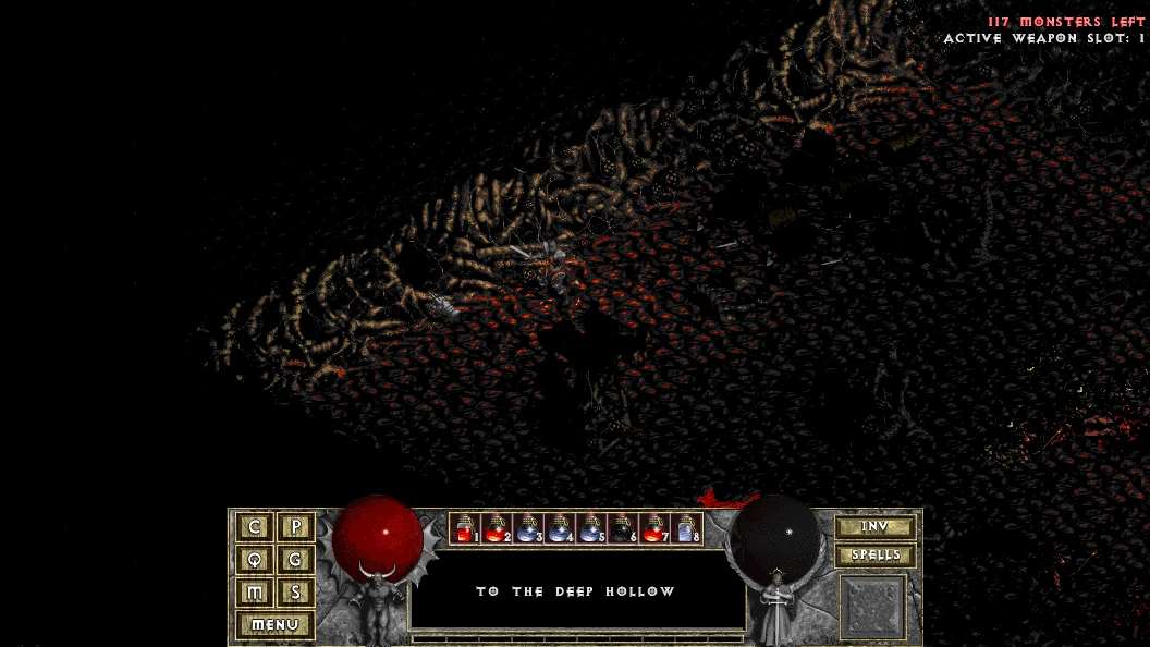 Un jugador navega por el oscuro y tenebroso Hueco Profundo en el mod Diablo: The Hell 3, con una interfaz que muestra salud, hechizos e inventario.