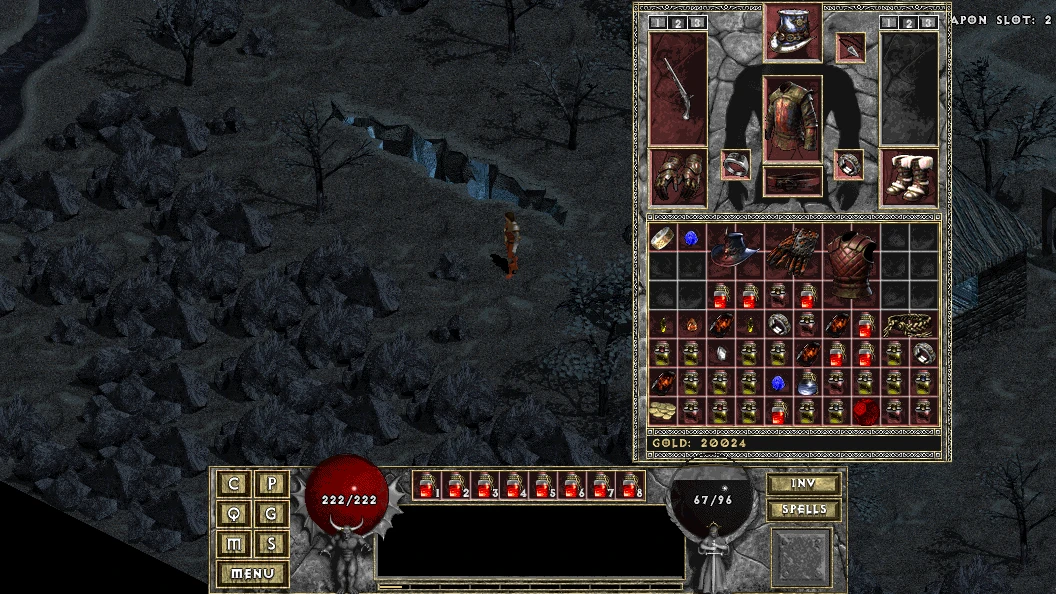 Captura de pantalla del mod Diablo: The Hell 3 mostrando el inventario de un personaje lleno de objetos y pociones, junto a un paisaje rocoso y oscuro.