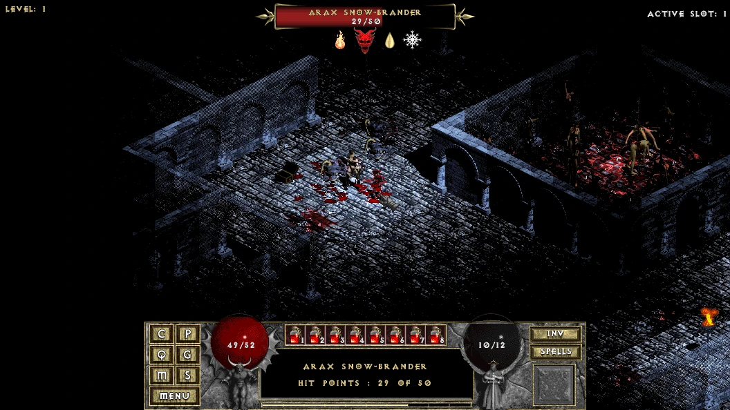 Un jugador lucha contra Arax Snow-Brander en el mod Diablo: The Hell 3. La escena muestra una mazmorra oscura con manchas de sangre y una barra de salud del enemigo.