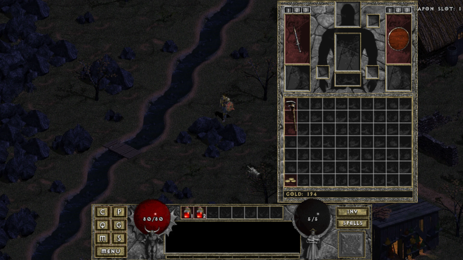 Paisaje nocturno con inventario vacío del personaje en el mod Diablo: The Hell 4