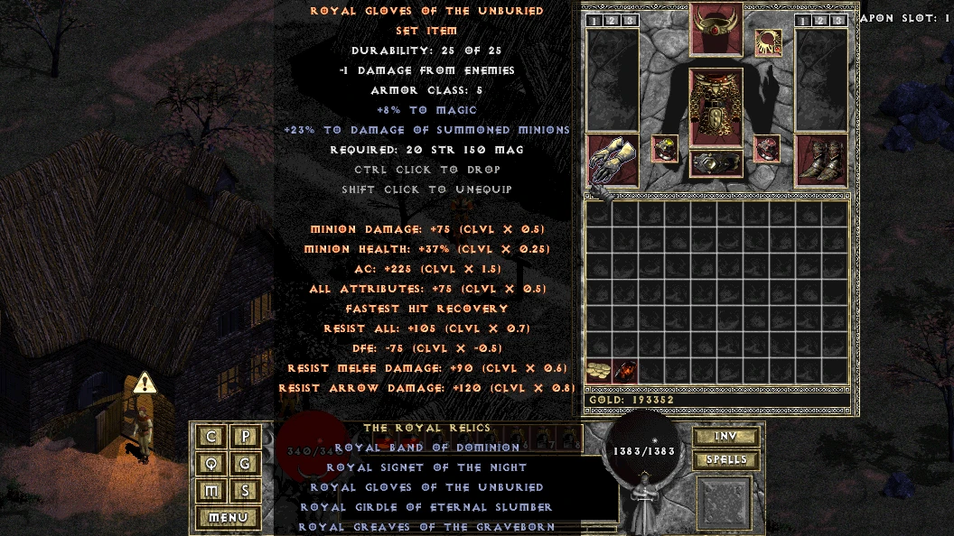 Pantalla de inventario con los Guantes Reales de los No Enterrados y estadísticas detalladas en el mod Diablo: The Hell 4