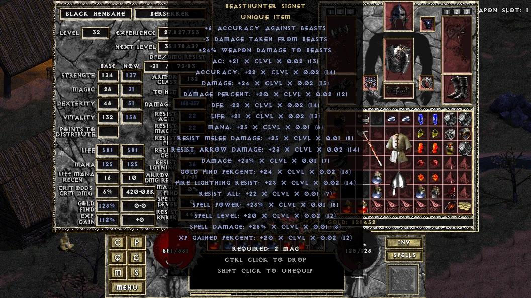Estadísticas detalladas de un objeto único en el menú de inventario en el mod Diablo: The Hell 4
