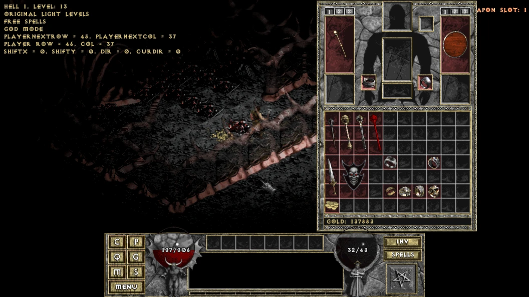 Personaje en el nivel del Infierno con inventario completo en el mod Diablo: The Hell 4