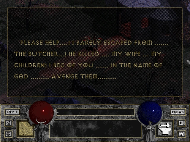 Скриншот из мода Diablo 'Pre-ablo', показывающий просьбу о помощи против Мясника, убившего семью говорящего. Интерфейс отображает шары здоровья и маны.