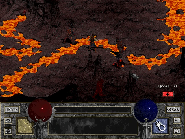 Скриншот из мода Diablo 'Pre-ablo', показывающий персонажа, исследующего лавовые пещеры с интерфейсом, отображающим сферы здоровья и маны.