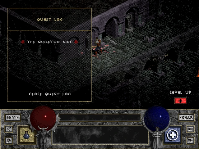 Скриншот из мода Diablo 'Pre-ablo', показывающий журнал заданий с выделенным заданием 'Король-скелет'. Интерфейс игры отображает сферы здоровья и маны.