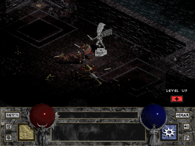 Скриншот из мода 'Pre-ablo' для Diablo, показывающий персонажа, повышающего уровень в темном подземелье со статуей и врагами.