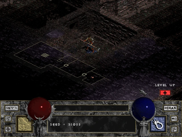 Скриншот из мода 'Pre-ablo' для Diablo, показывающий персонажа, исследующего подземелье с наложенной картой и видимыми элементами интерфейса.