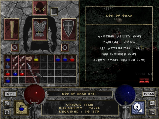 Скриншот из мода Diablo 'Pre-ablo', показывающий экран инвентаря с Жезлом Онан. Предмет дает различные способности, включая увеличение урона и невидимость.