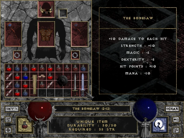 Скриншот из мода Diablo Pre-ablo, показывающий The Bonesaw, уникальный предмет с характеристиками, такими как +10 урона, +10 силы и -10 маны. Видны инвентарь и характеристики персонажа.