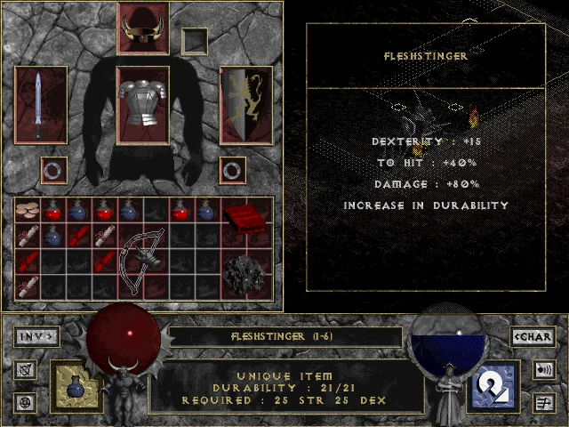 Скриншот из мода Diablo Pre-ablo, показывающий экран инвентаря с уникальным предметом 'Fleshstinger'. Предмет имеет бонусы к ловкости, шансу попадания и урону.