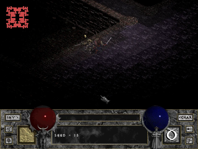 Скриншот из мода 'Pre-ablo' для Diablo, показывающий сцену в подземелье с исследующим персонажем. Интерфейс отображает сферы здоровья и маны, инвентарь и параметры персонажа.