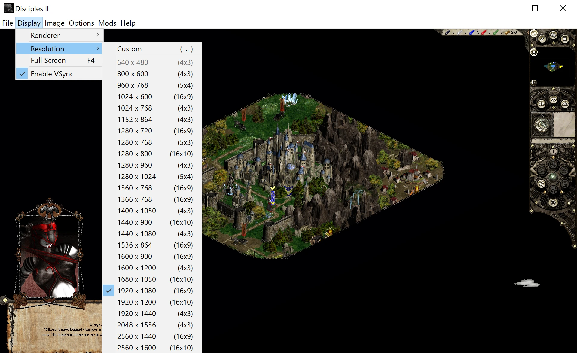 Disciples II game menu showing Display settings with resolution options including 1920x1080 selected
