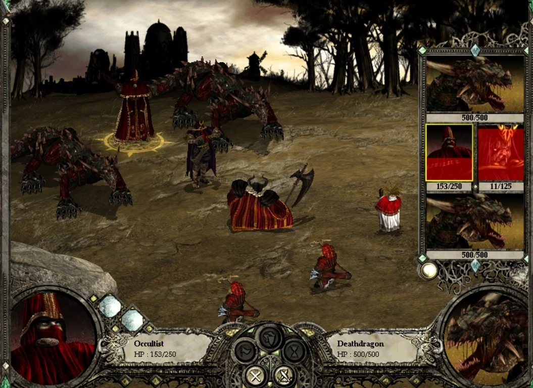 Game screenshot showing Disciples II units Deathdragon and Occultist with health stats in Lazy Mod battle