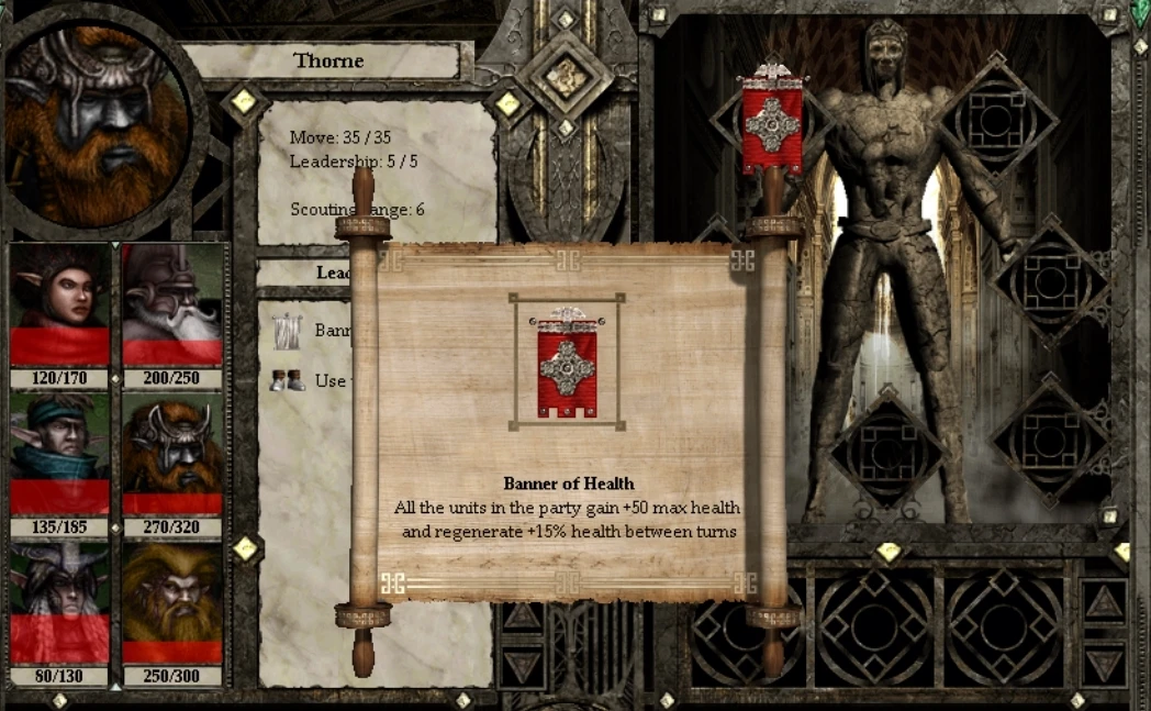 Game interface showing hero Thorne with health points and Banner of Health description in Disciples II Lazy Mod