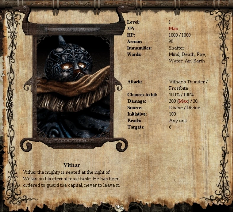 Detailed stats of Vithar character from Disciples II Lazy Mod including level 1, max XP, 1000 HP, and armor 90