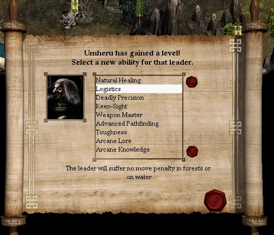 In Disciples II Rise of The Elves Lazy Mod, a level-up screen showing hero Umheru selecting new abilities