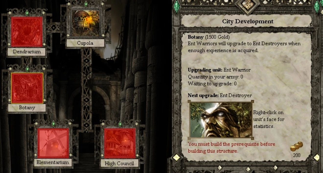 Disciples II Lazy Mod city development interface with Botany upgrade details for Ent Warrior unit