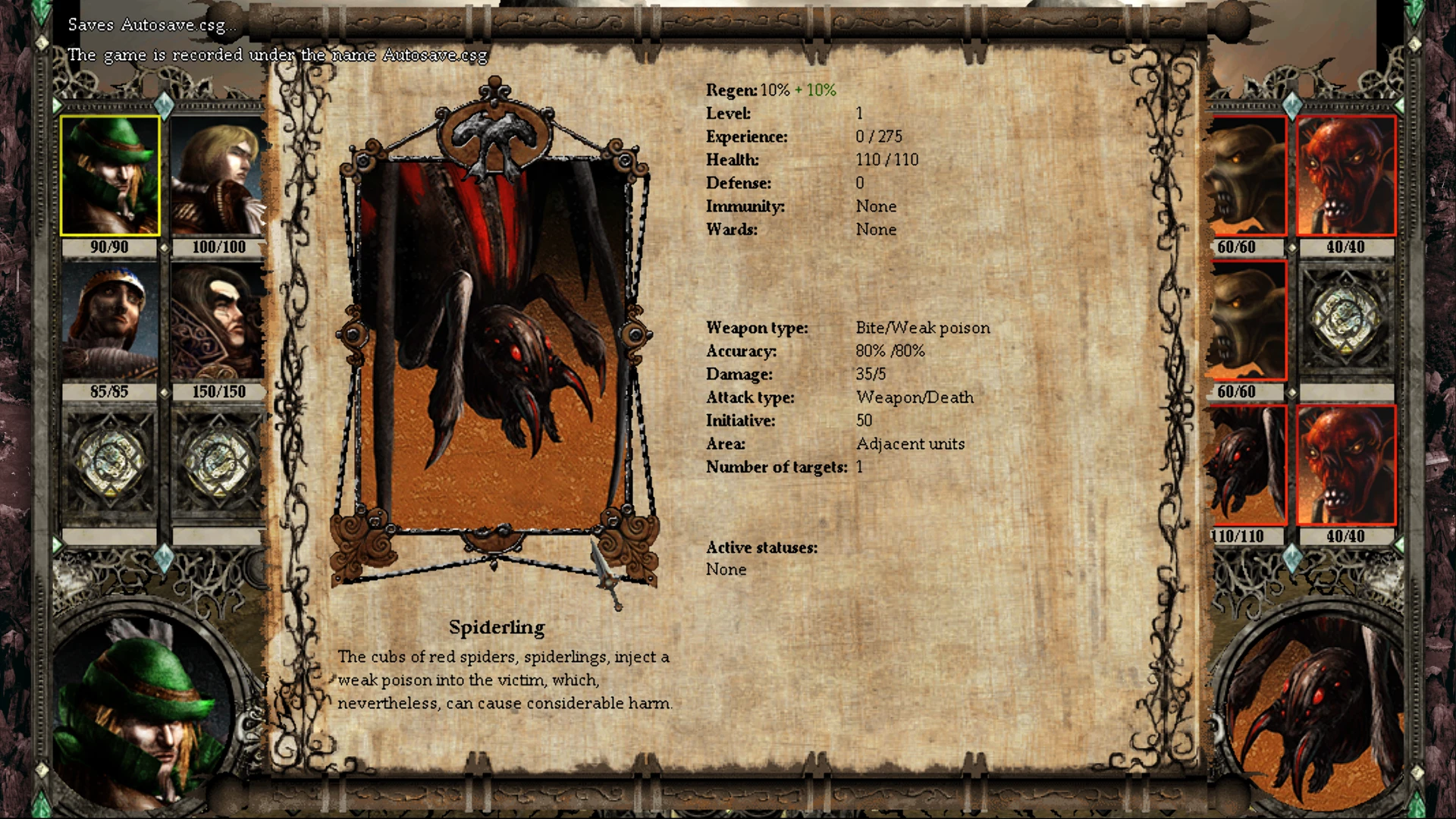 Game screen showing spiderling stats, character portraits and game interface from Disciples 2 Alternative Mod