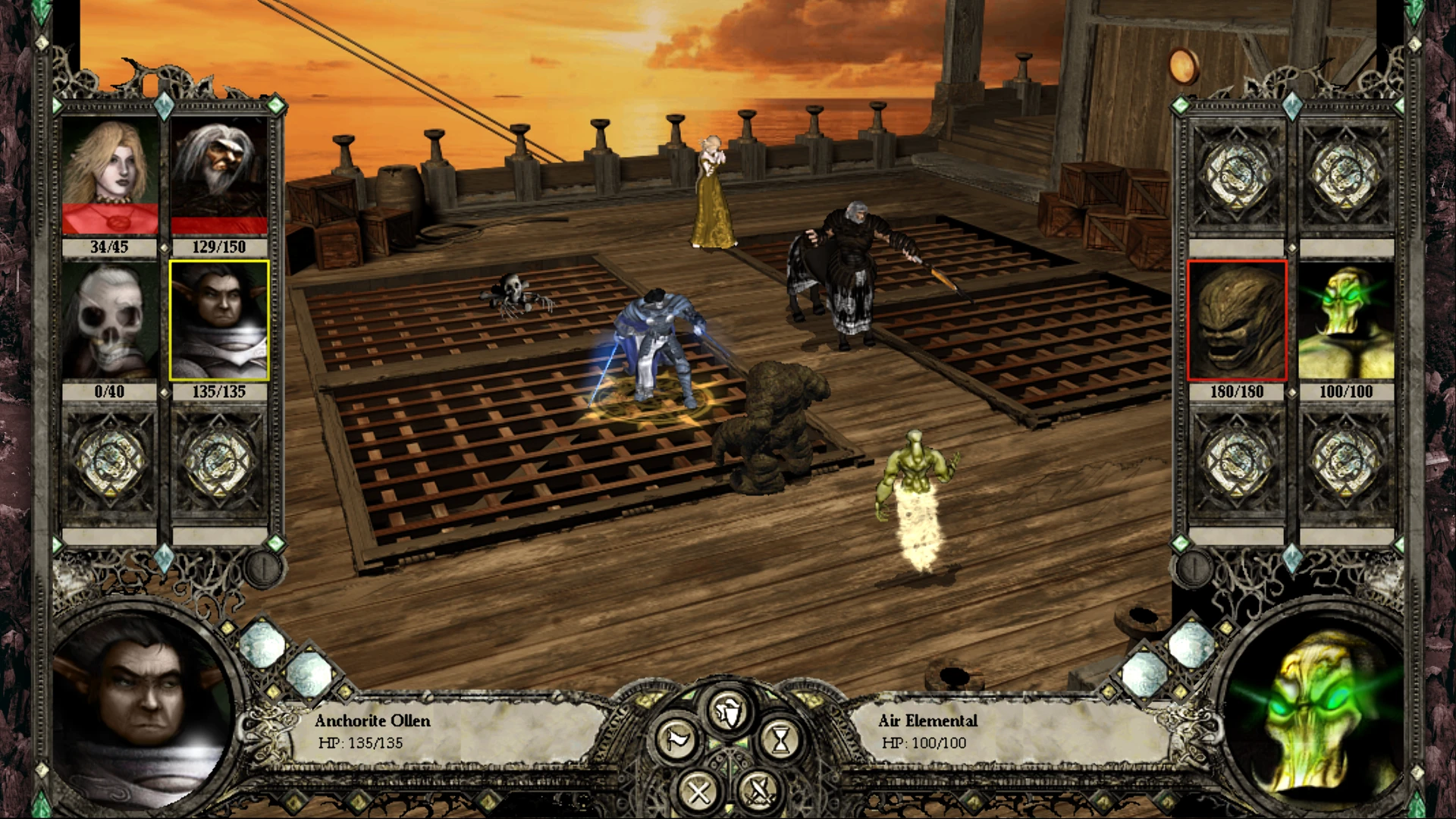 Disciples II Alternative Mod screenshot showing characters battling on a ship deck at sunset