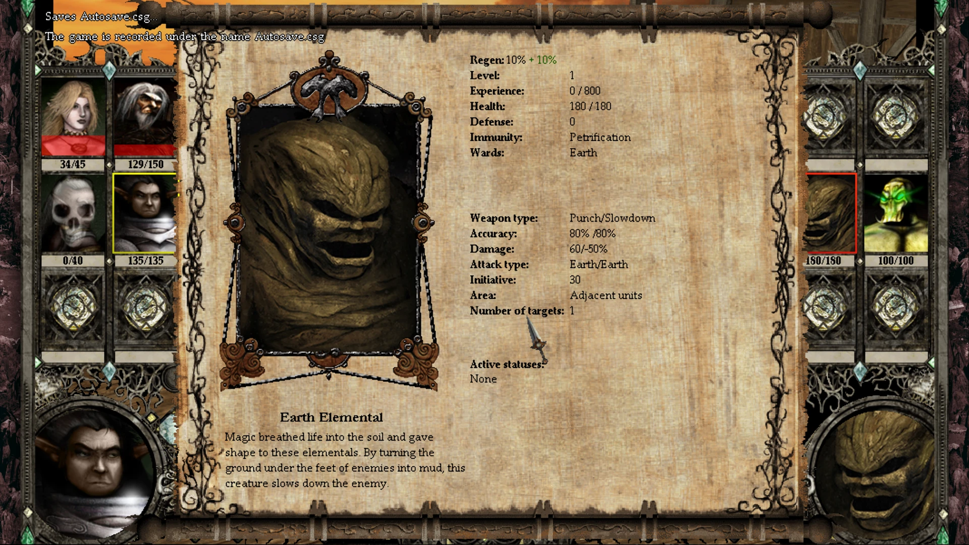 Game screen showing Earth Elemental unit stats including health, defense, and attack details in Disciples 2 Alternative mod