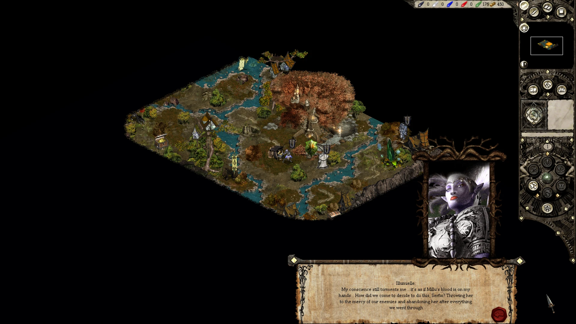 In-game map view with character portrait and dialogue box showing narrative interaction in Disciples II Alternative Mod