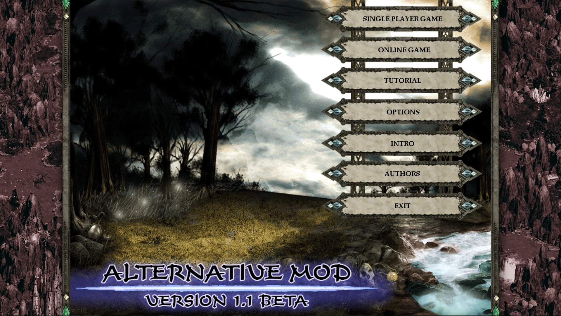 Screenshot of Disciples II Alternative Mod version 1.1 beta showing the main menu options