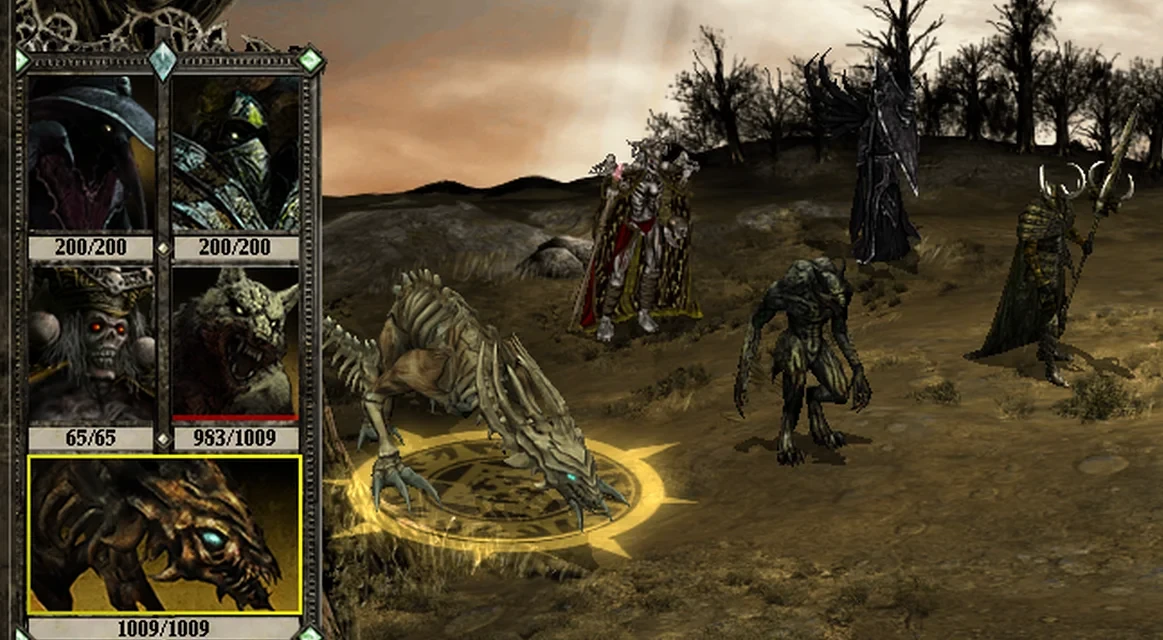 Game screenshot featuring undead skeleton and monster units preparing for battle on barren landscape