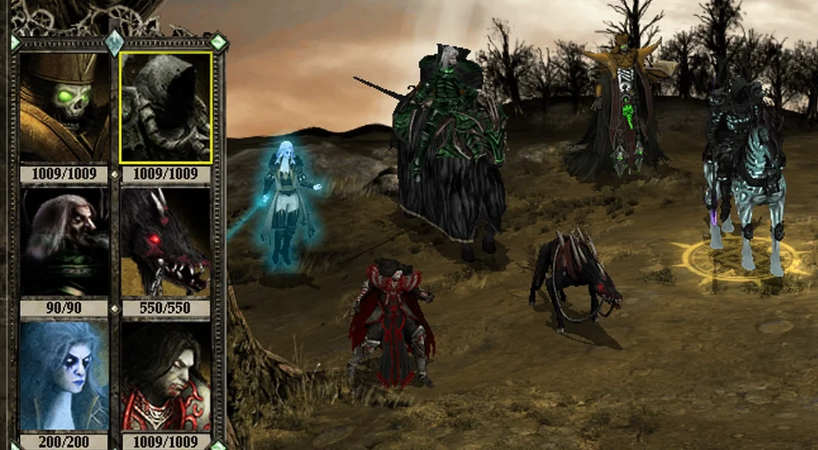 Screenshot showing a dark fantasy battle with undead and mystical characters from Disciples II mod by Nazar