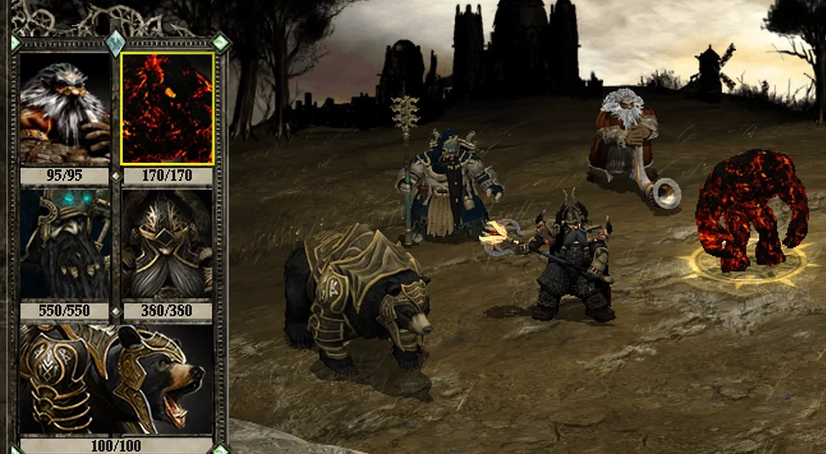 Screenshot of a tactical battle in Disciples 2 Mod by Nazar with armored bears, dwarves, and a fiery elemental