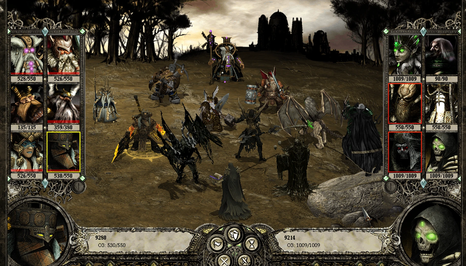 Game interface showing two teams of fantasy and undead characters battling on a barren field in Disciples II mod