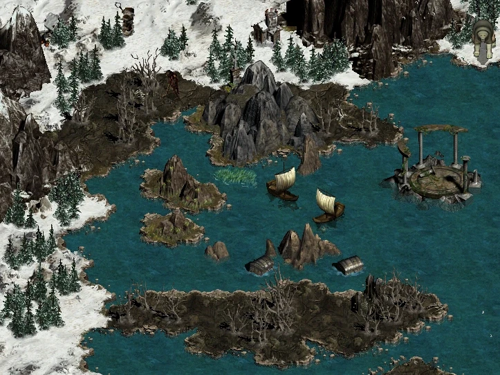Snowy mountainous coastline with trees, two ships sailing in blue waters, and rocky islands in Disciples II Motlin Mod