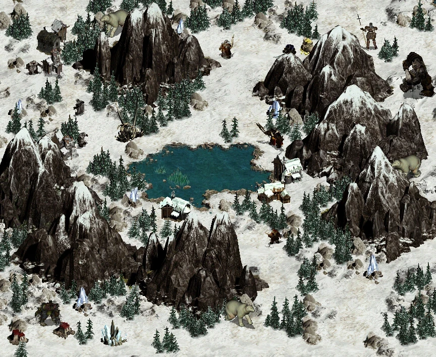 Overhead view of snowy terrain with mountains, a small lake, trees, and various fantasy creatures in Disciples 2 Motlin Mod