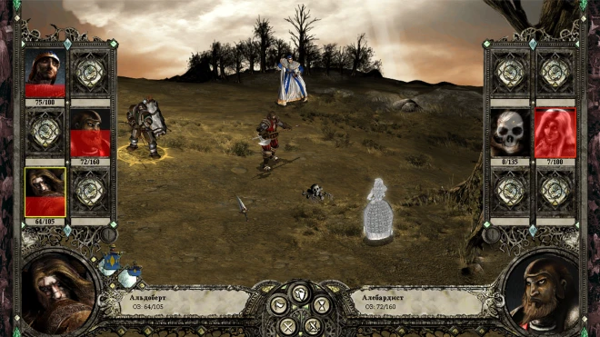 Screenshot showing a tactical turn-based battle in Disciples II with characters and health bars on a barren field