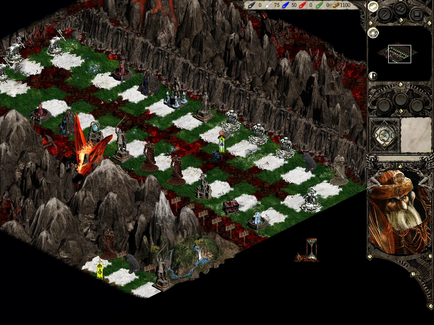 Isometric view of Disciples II Rise of The Elves game showing battle units on grid with rocky terrain and UI interface