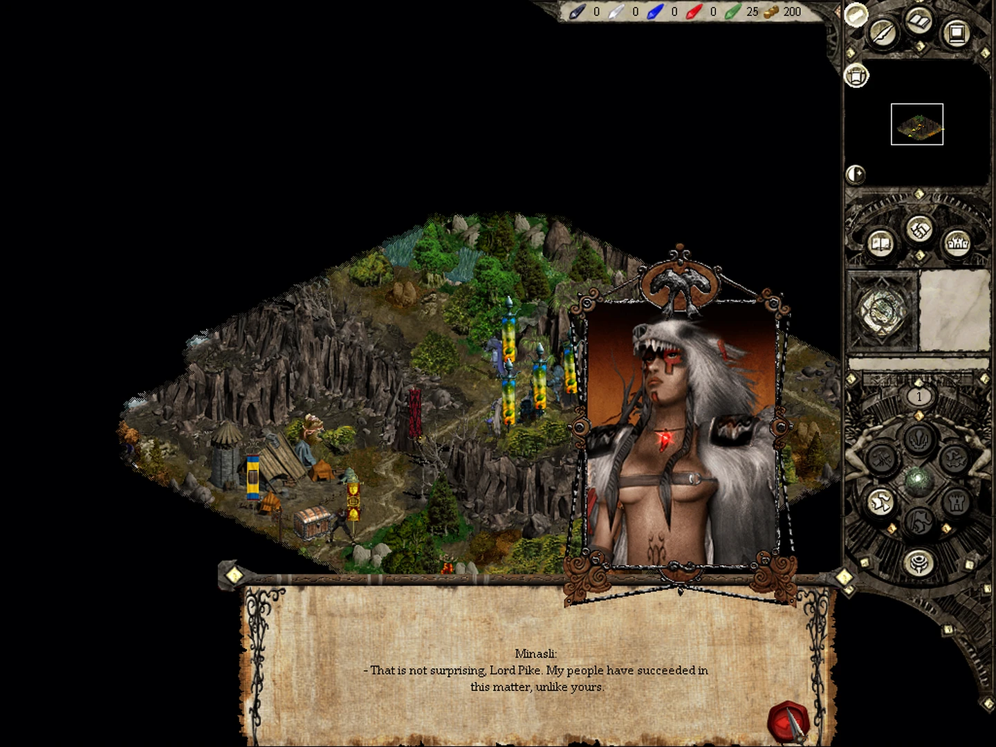 Screenshot of Disciples II Rise of The Elves showing in-game dialogue with character portrait and terrain details