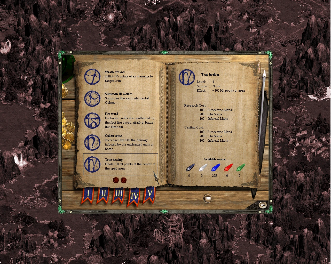 Open spell book screen displaying various spells and mana costs in Disciples II: Rise of the Elves mod