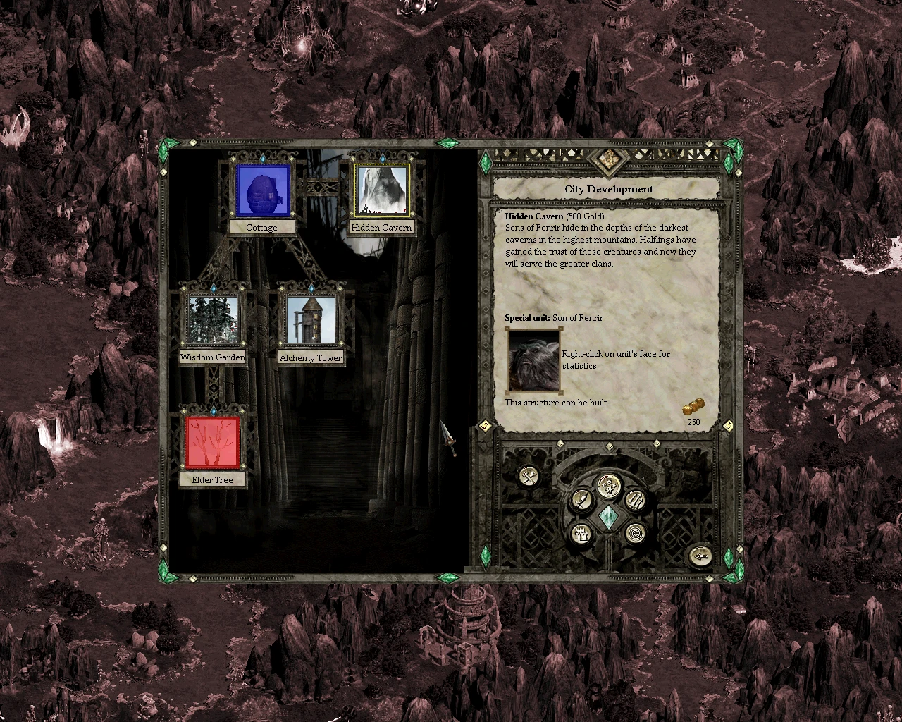 City Development interface highlighting Hidden Cavern structure and Son of Fenrir unit details