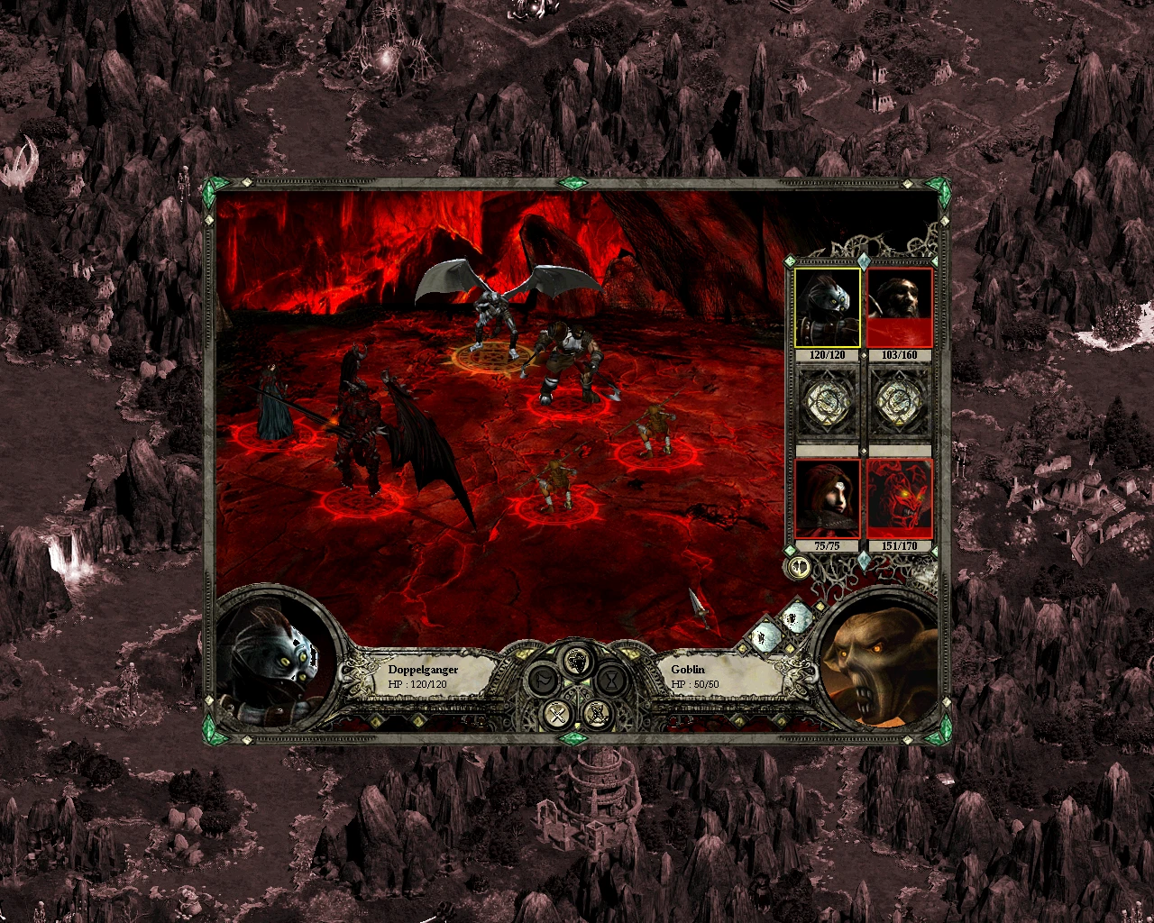 Battle screen showing six fantasy units including a winged demon and goblins with health bars in Disciples 2 mod