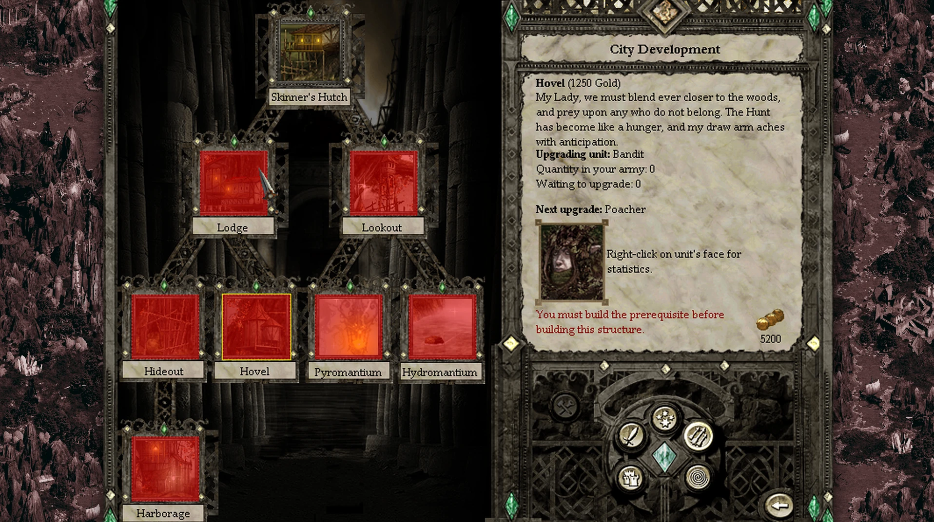 Disciples 2 mod showing city development menu with various buildings and upgrade options for bandits